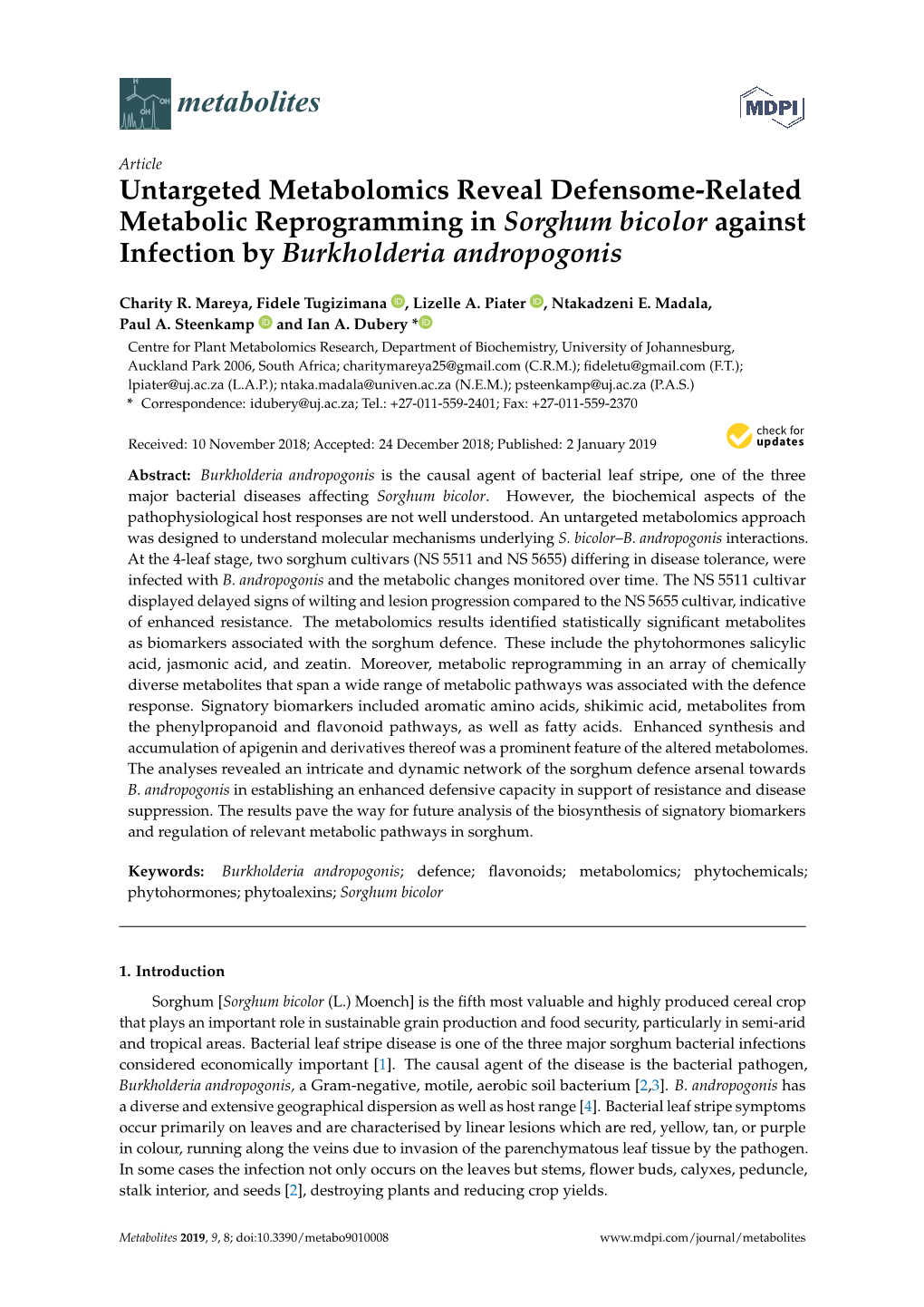 Untargeted Metabolomics Reveal Defensome-Related Metabolic Reprogramming in Sorghum Bicolor Against Infection by Burkholderia Andropogonis