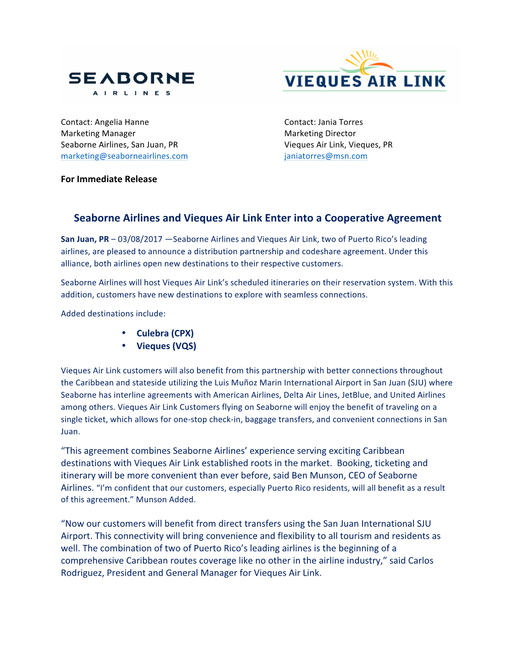 Seaborne Airlines and Vieques Air Link Enter Into a Cooperative Agreement