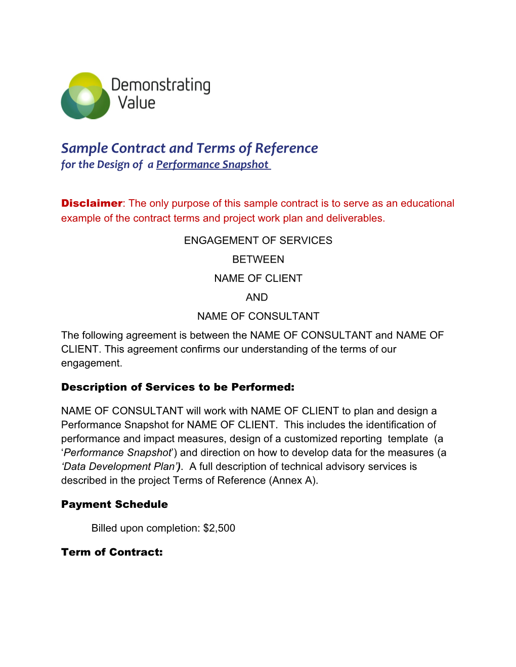 Demonstrating Value Sample Contract and Terms of Reference