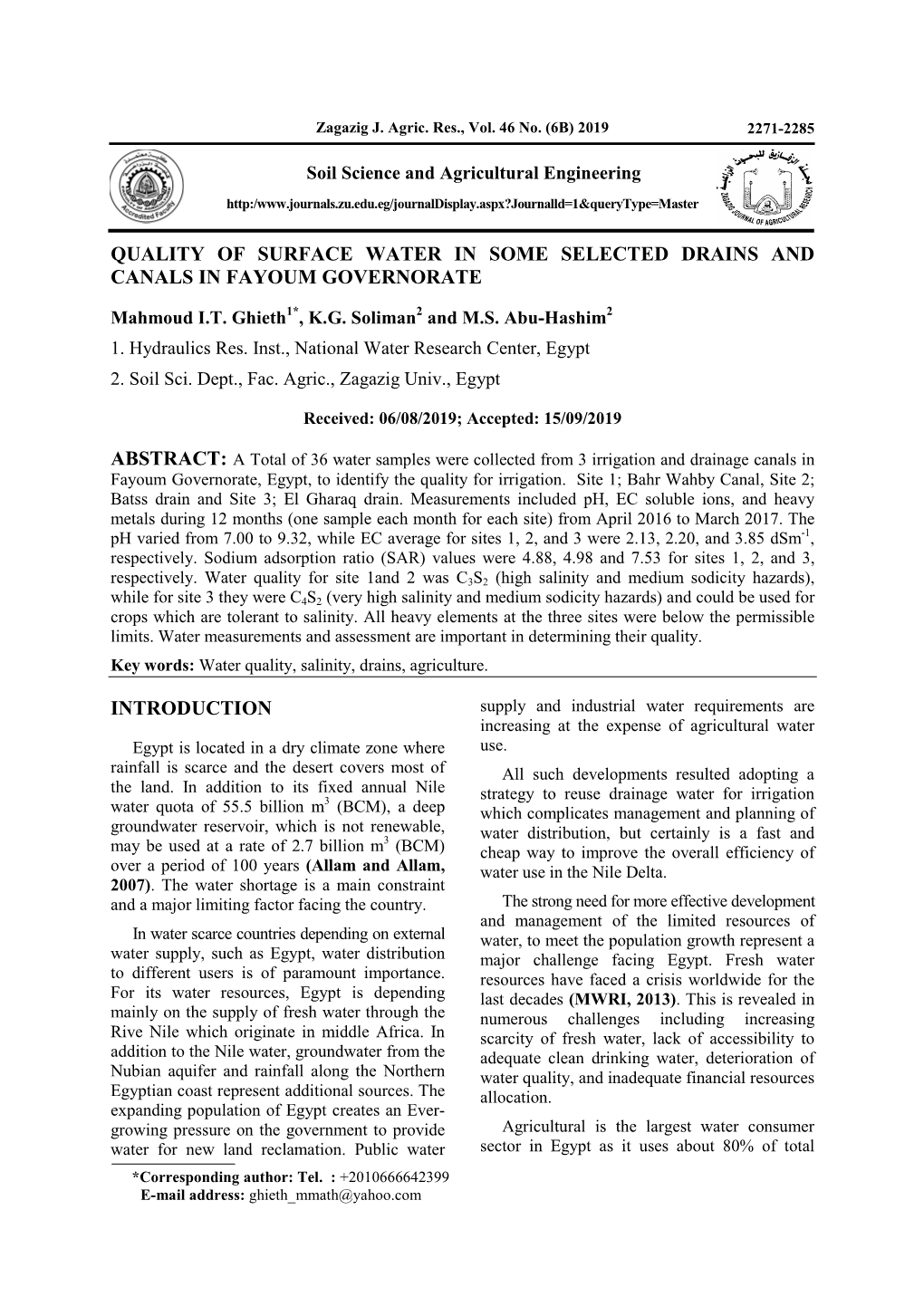 Quality of Surface Water in Some Selected Drains and Canals in Fayoum Governorate