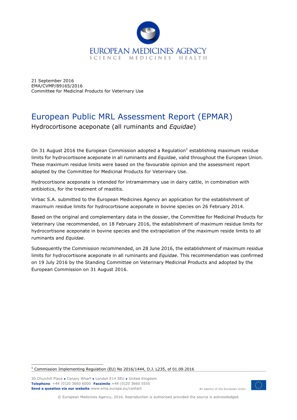 European Public MRL Assessment Report for Hydrocortisone Aceponate