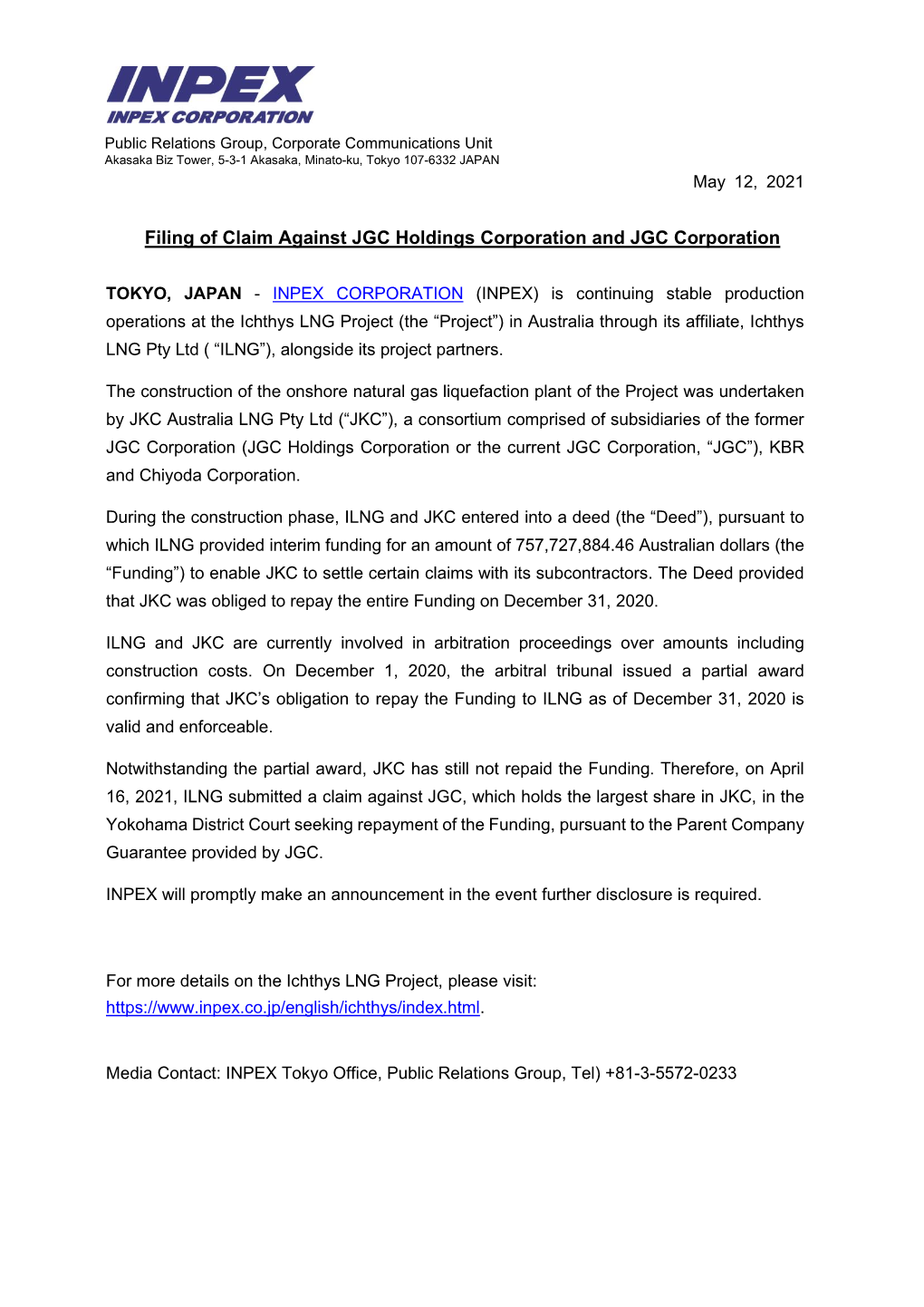 May 12, 2021 Filing of Claim Against JGC Holdings Corporation and JGC