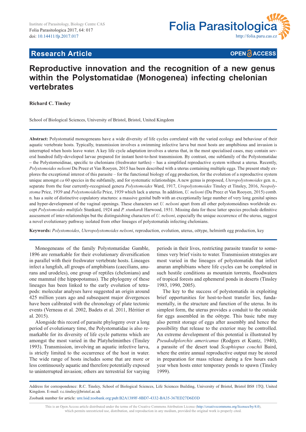 Monogenea) Infecting Chelonian Vertebrates