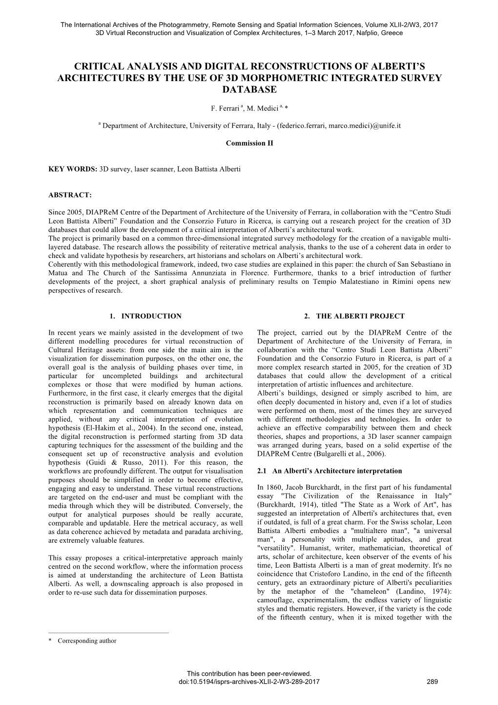 Critical Analysis and Digital Reconstructions of Alberti's Architectures by the Use of 3D Morphometric Integrated Survey Datab