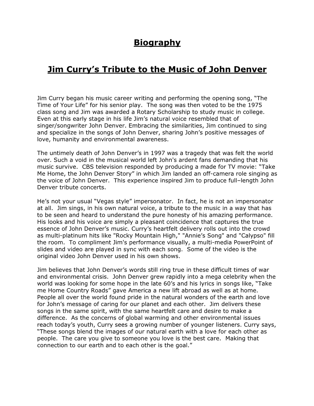 Biography Jim Curry's Tribute to the Music of John Denver