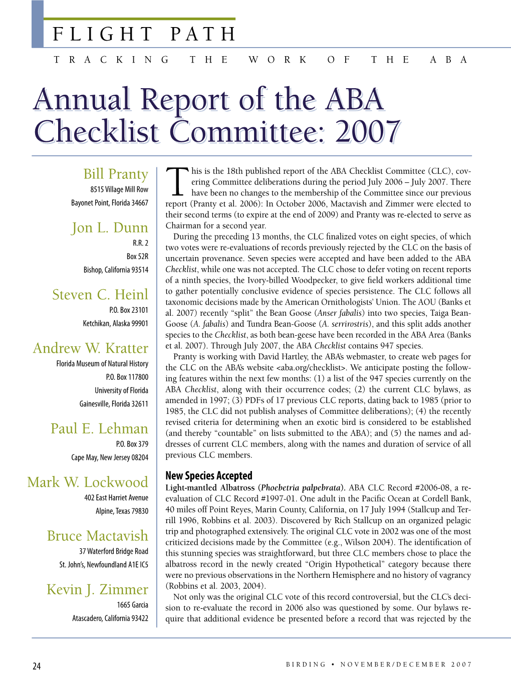 FLIGHT PATH TRACKING the WORK of the ABA Aannnnuuaall Rreeppoorrtt Ooff Tthhee AABBAA Cchheecckklliisstt Ccoommmmiitttteeee:: 22000077