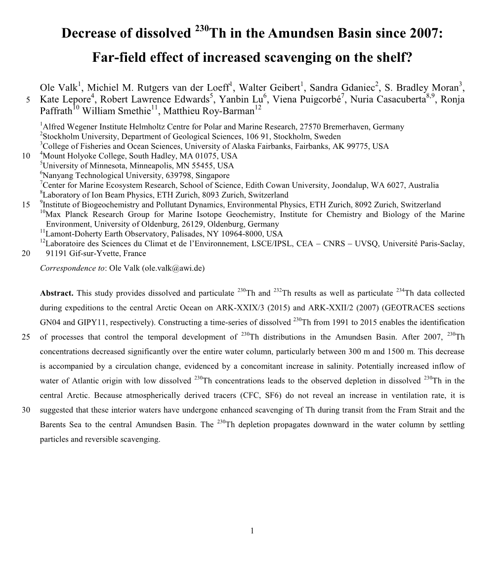 Decrease of Dissolved 230Th in the Amundsen Basin Since 2007: Far-Field Effect of Increased Scavenging on the Shelf?