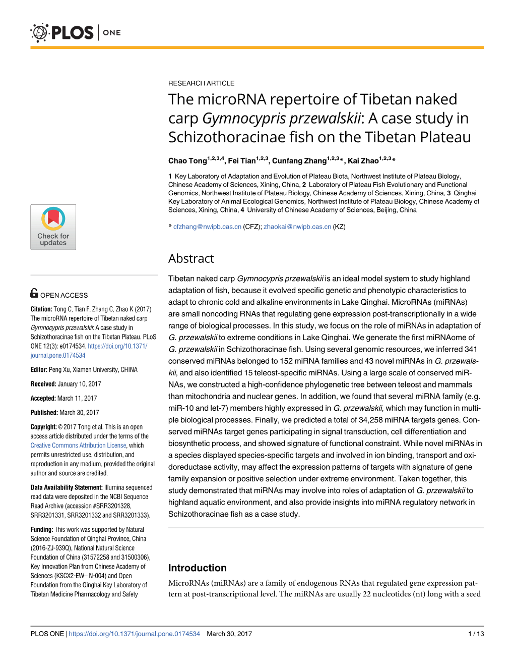 The Microrna Repertoire of Tibetan Naked Carp Gymnocypris Przewalskii: a Case Study in Schizothoracinae Fish on the Tibetan Plateau