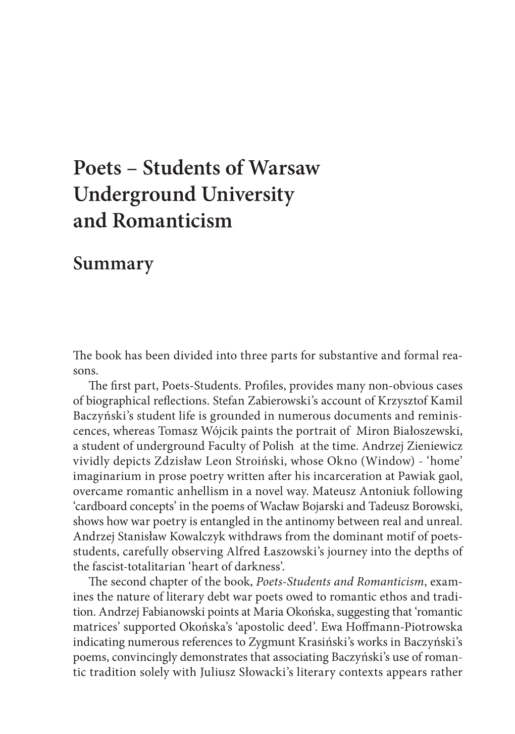 Poets – Students of Warsaw Underground University and Romanticism