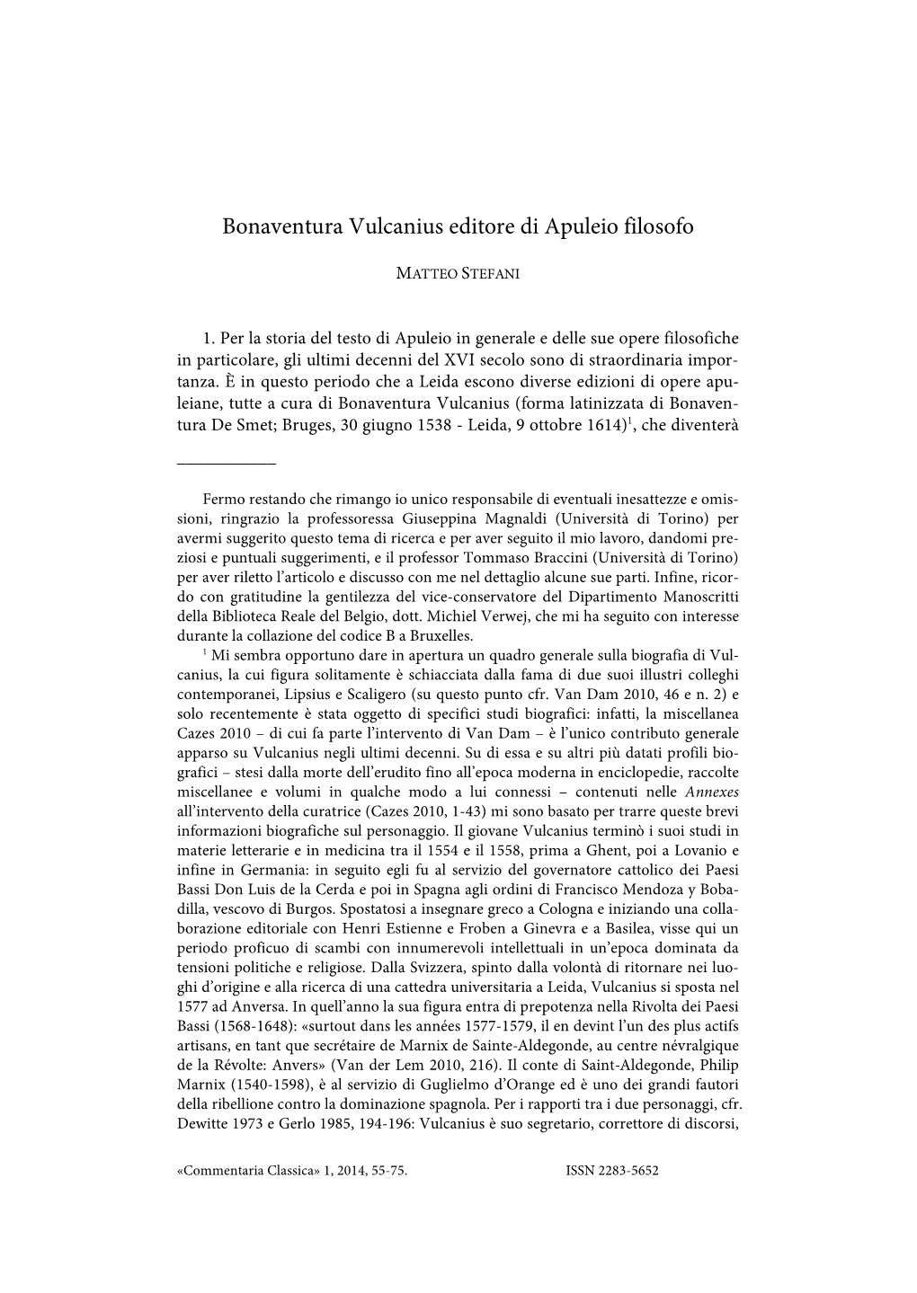 M. Stefani, Bonaventura Vulcanius Editore Di Apuleio Filosofo