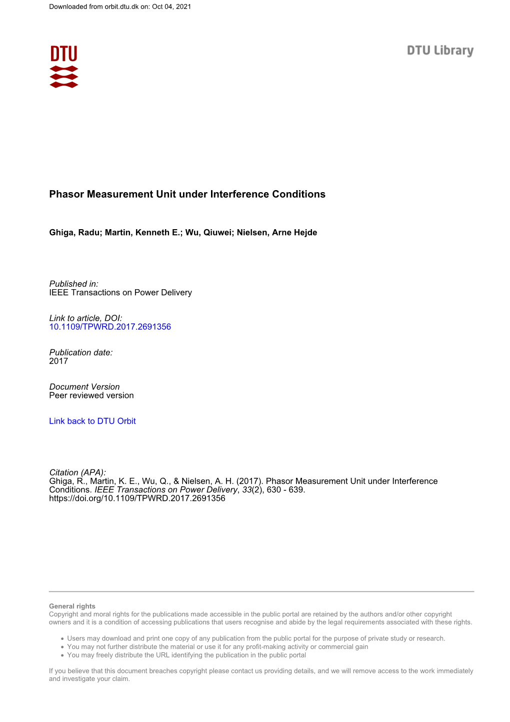 Phasor Measurement Unit Under Interference Conditions