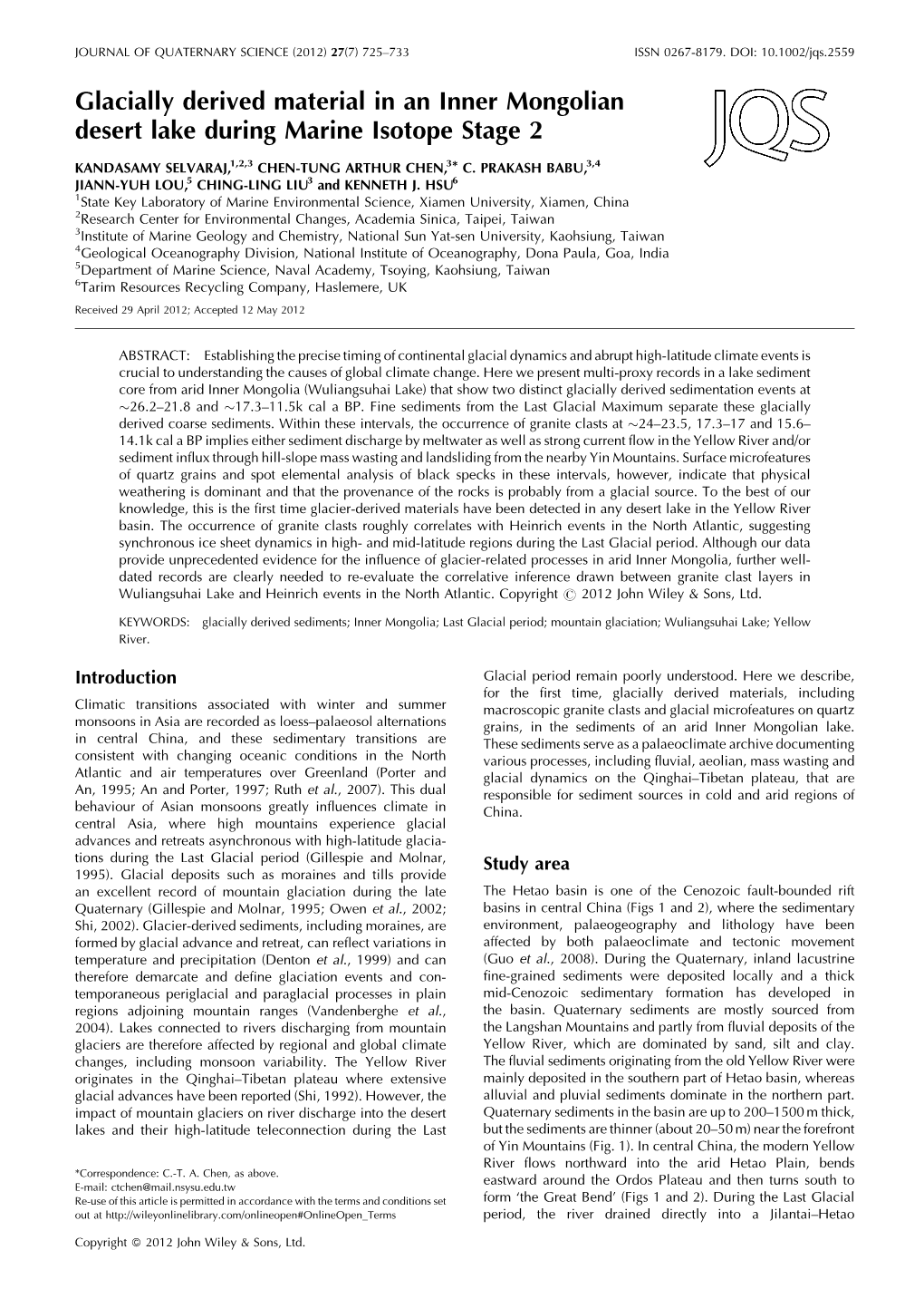 Glacially Derived Material in an Inner Mongolian Desert Lake During Marine Isotope Stage 2