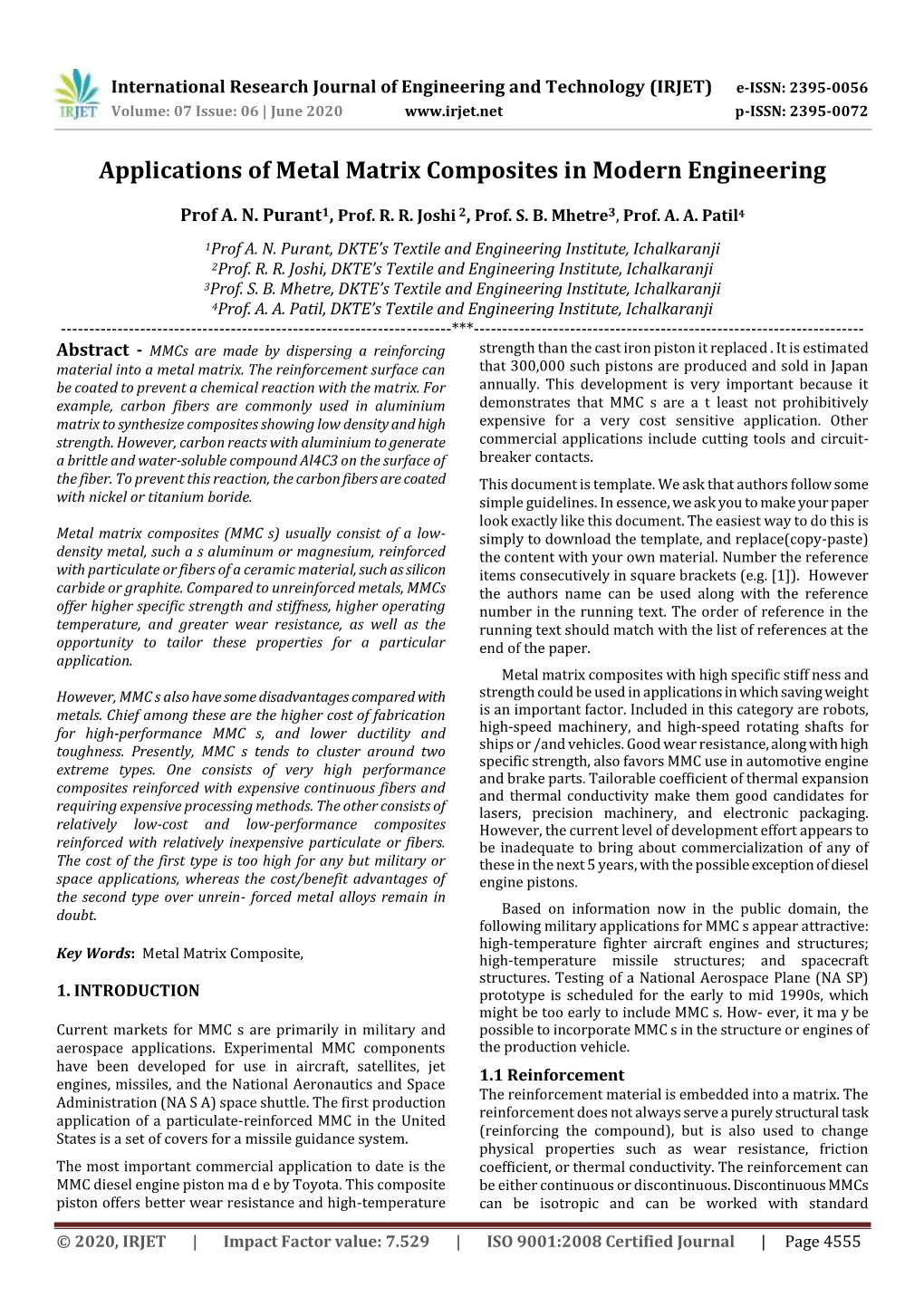 Applications of Metal Matrix Composites in Modern Engineering