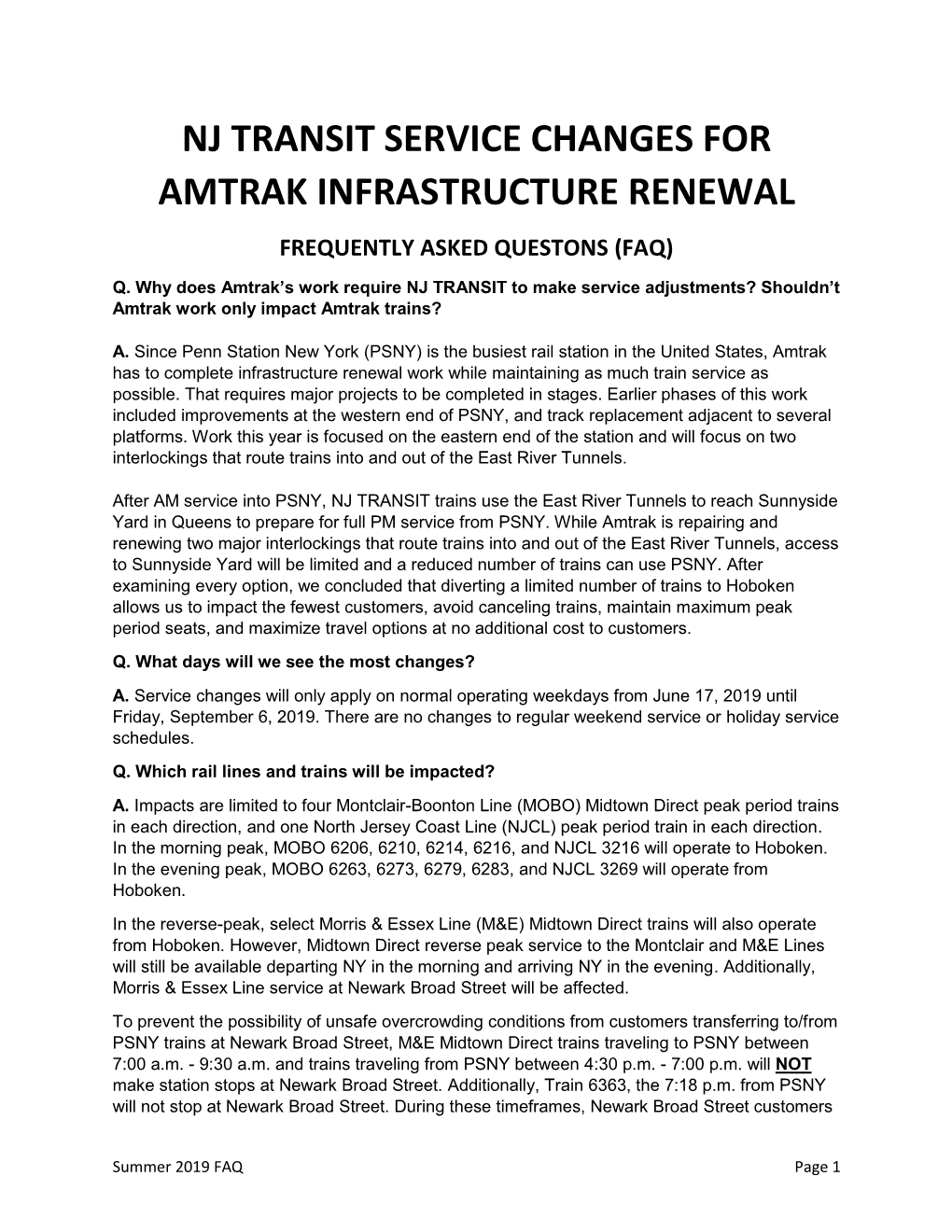 Nj Transit Service Changes for Amtrak Infrastructure Renewal Frequently Asked Questons (Faq)