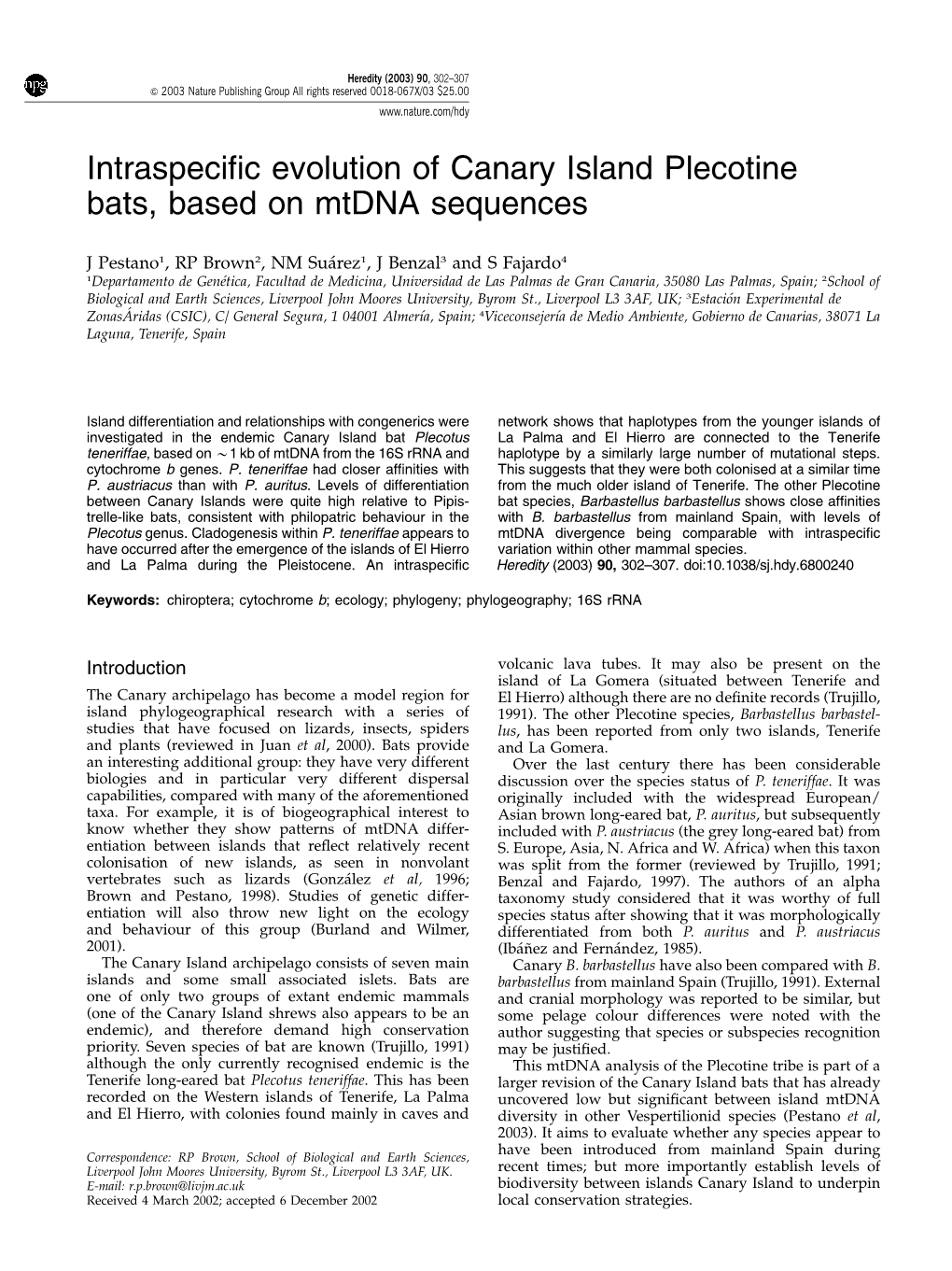 Intraspecific Evolution of Canary Island Plecotine Bats, Based On