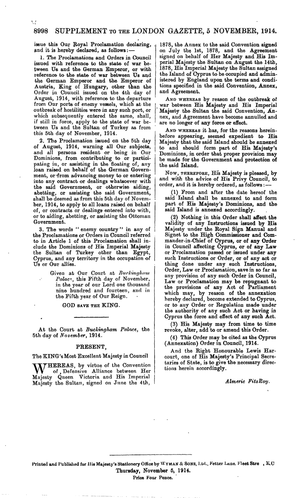 8998 Supplement to the London Gazette, 5 November, 1914