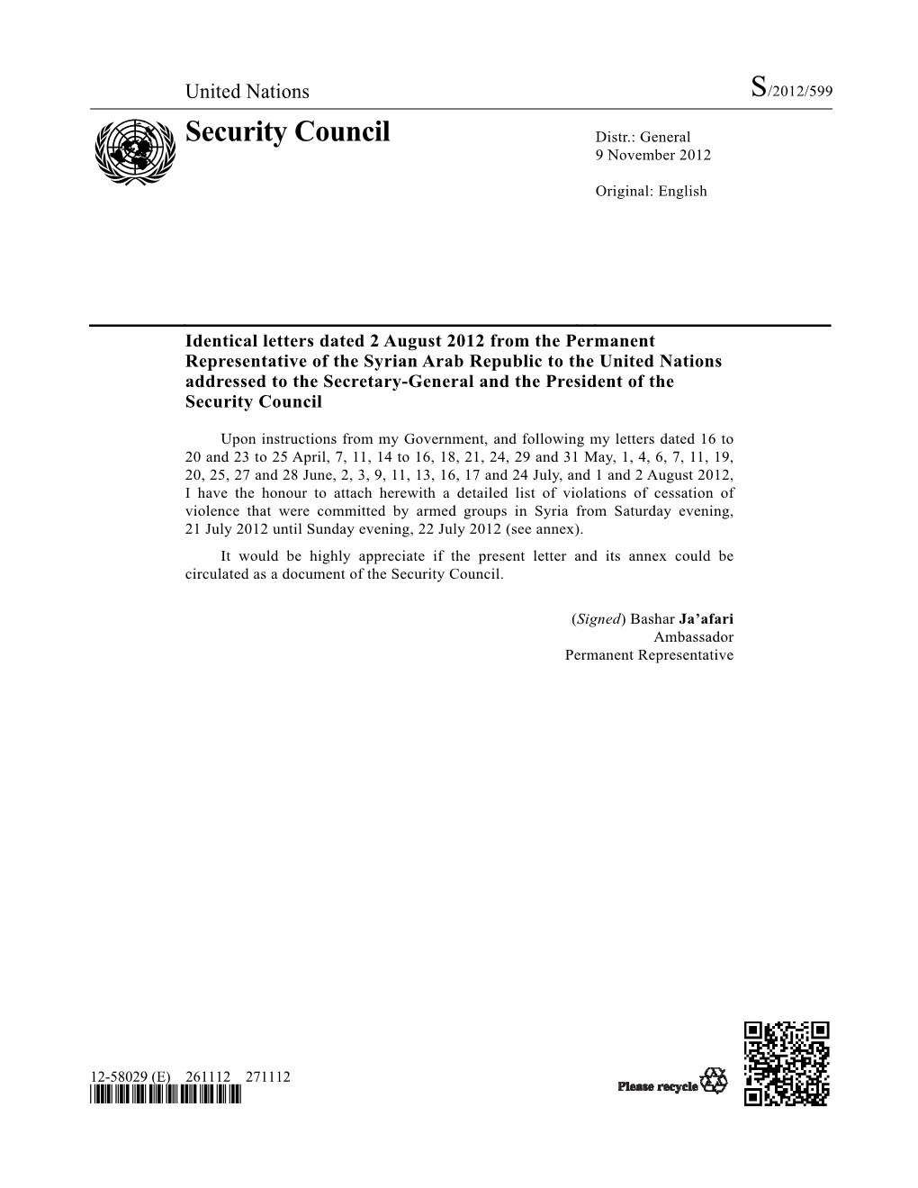 Security Council Distr.: General 9 November 2012