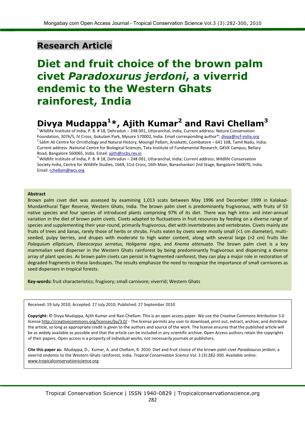 Diet and Fruit Choice of the Brown Palm Civet Paradoxurus Jerdoni, a Viverrid Endemic to the Western Ghats Rainforest, India