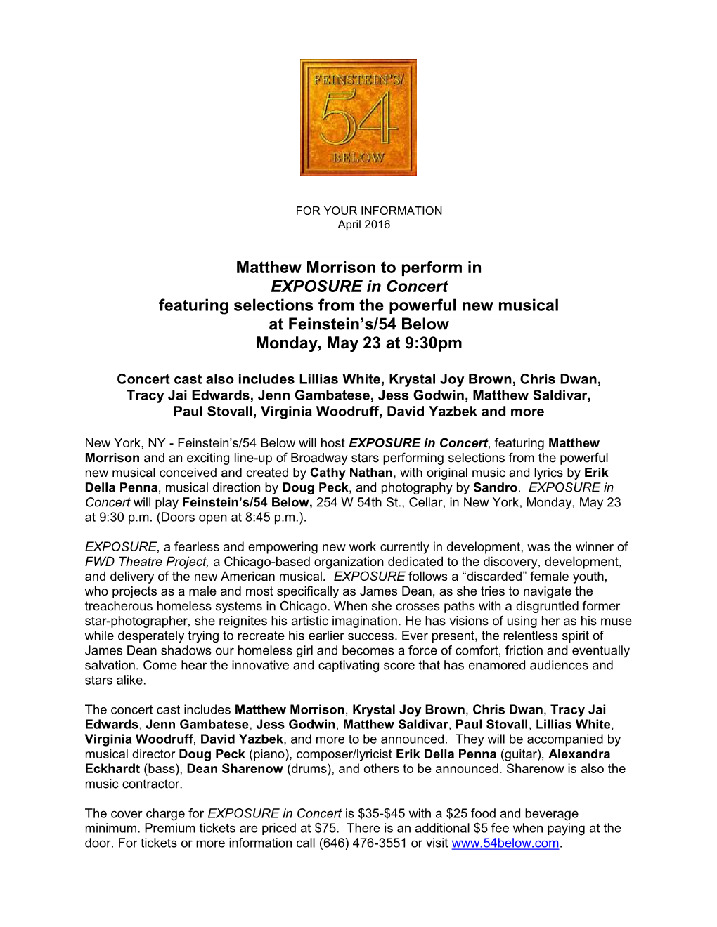 Matthew Morrison to Perform in EXPOSURE in Concert Featuring Selections from the Powerful New Musical at Feinstein’S/54 Below Monday, May 23 at 9:30Pm