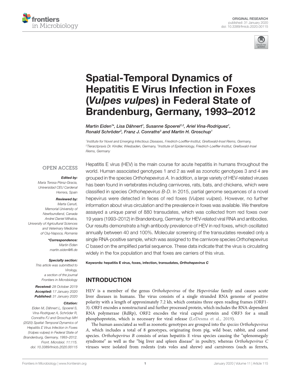 Spatial-Temporal Dynamics of Hepatitis E Virus Infection in Foxes (Vulpes Vulpes) in Federal State of Brandenburg, Germany, 1993–2012