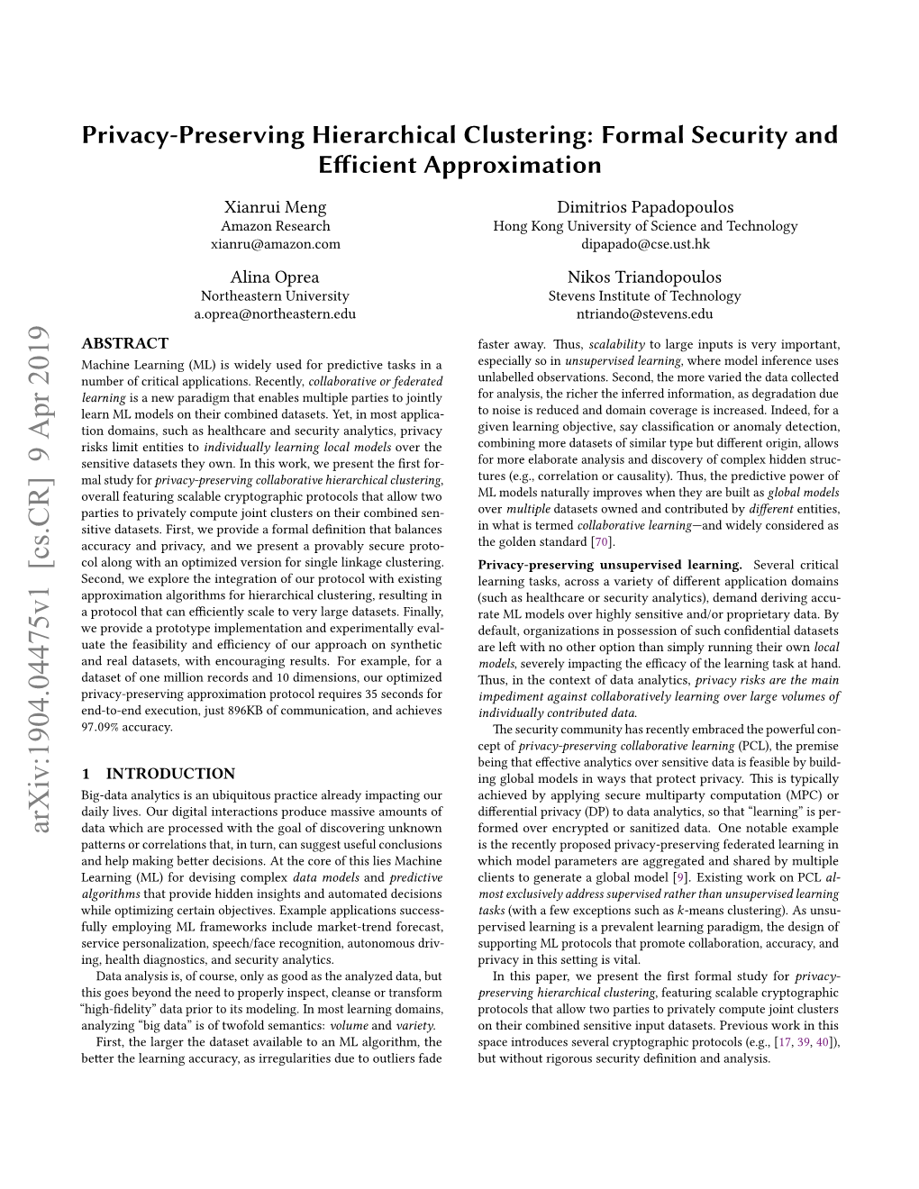 Privacy-Preserving Hierarchical Clustering: Formal Security and E€Icient Approximation