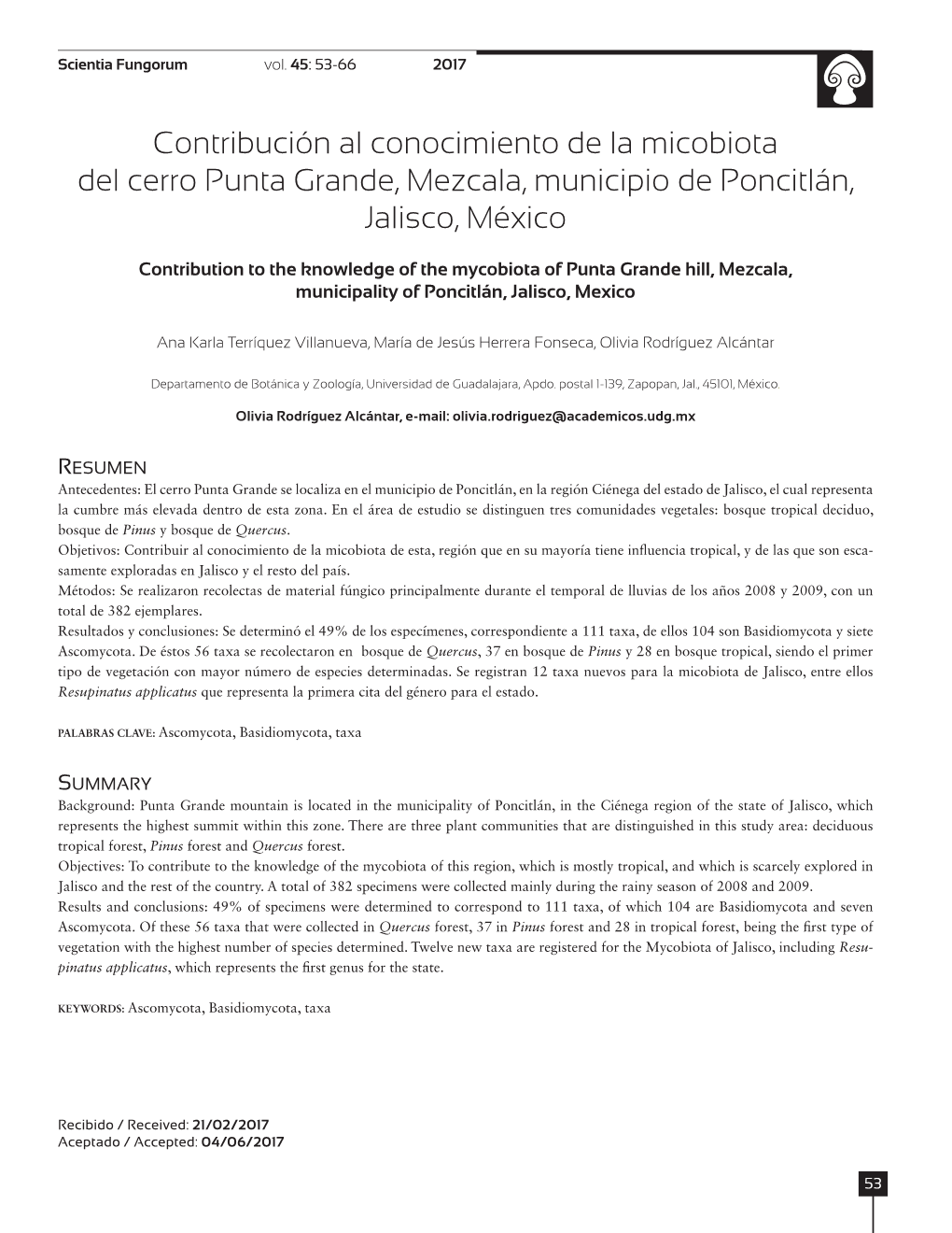 Contribución Al Conocimiento De La Micobiota Del Cerro Punta Grande, Mezcala, Municipio De Poncitlán, Jalisco, México