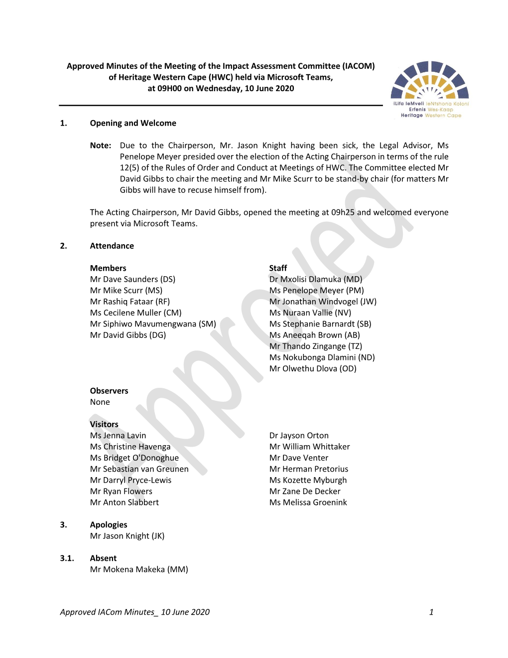 Approved Iacom Minutes 10 June 2020 1 Approved Minutes of the Meeting of the Impact Assessment Committee