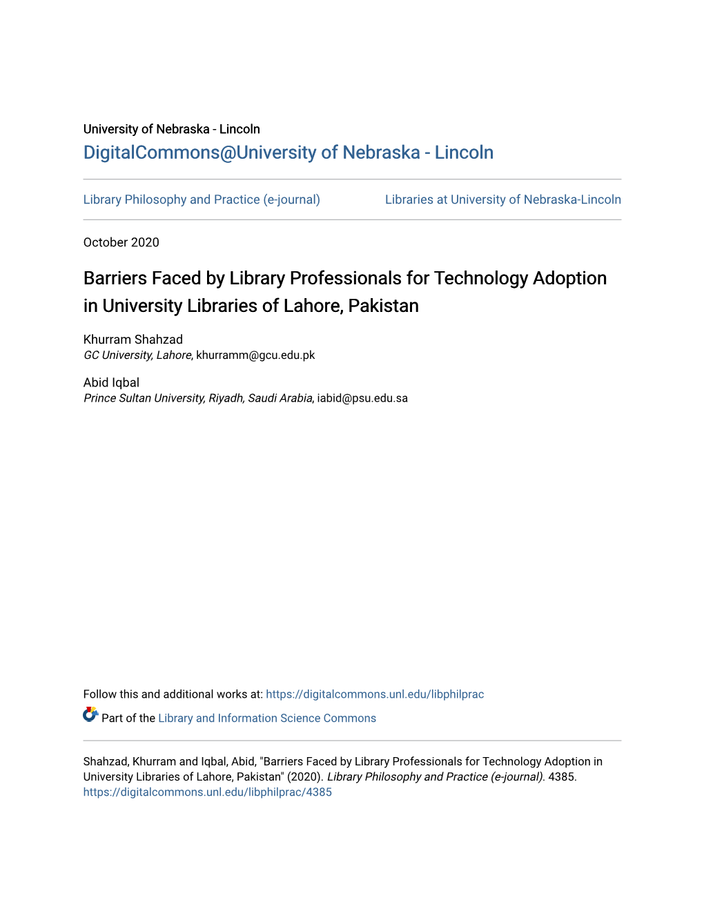 Barriers Faced by Library Professionals for Technology Adoption in University Libraries of Lahore, Pakistan
