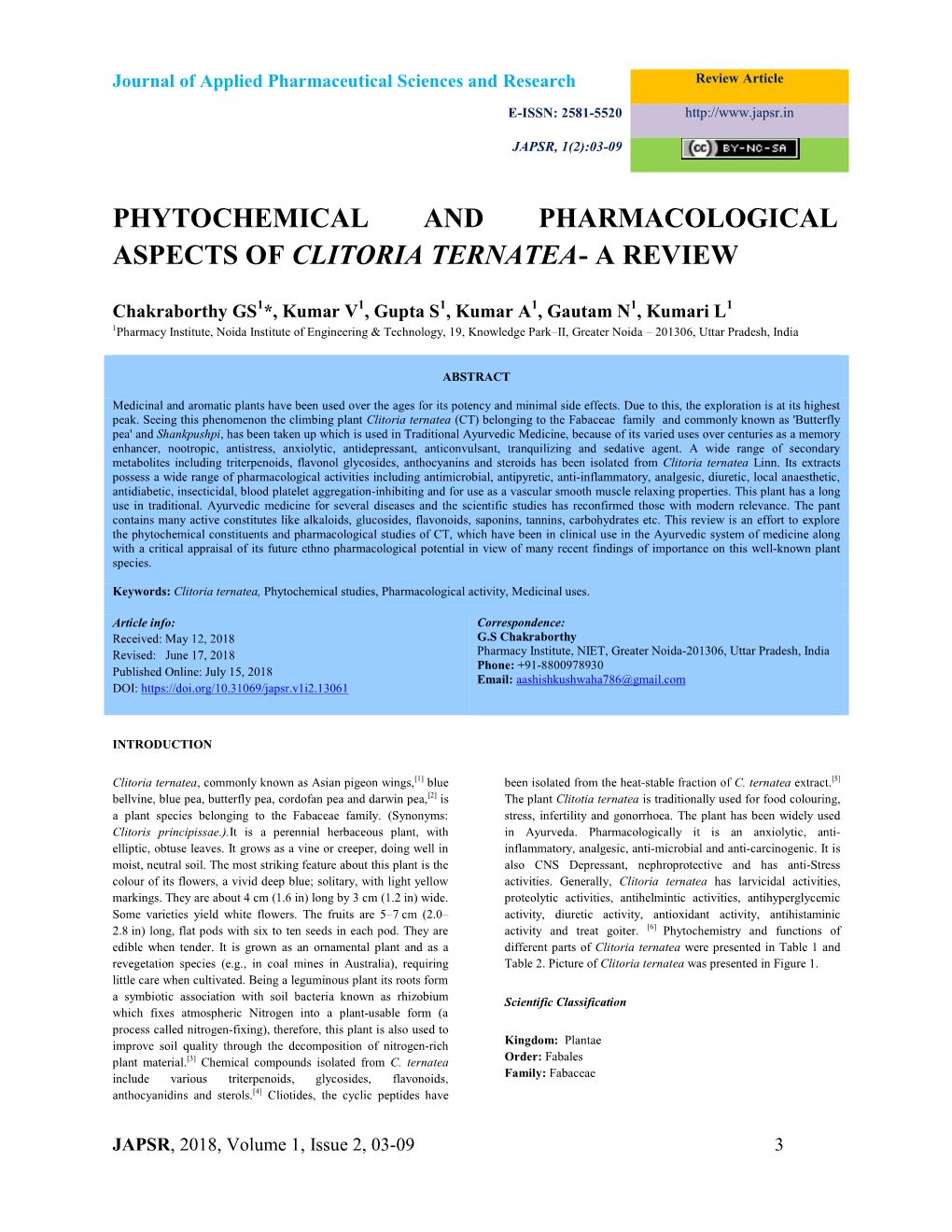 Phytochemical and Pharmacological Aspects of Clitoria Ternatea- a Review