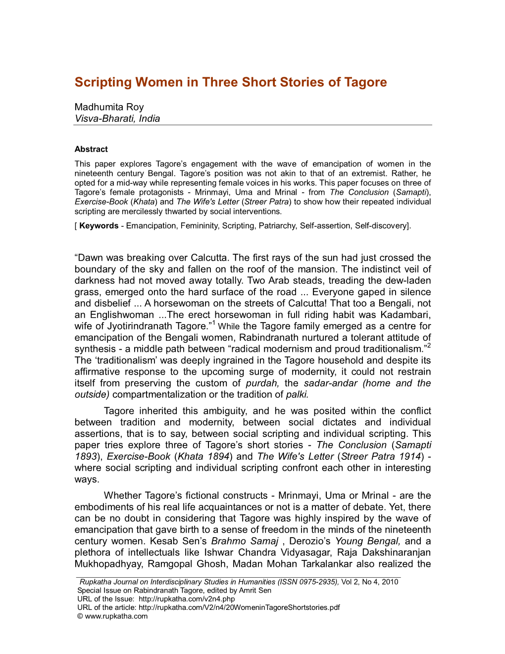 Scripting Women in Three Short Stories of Tagore