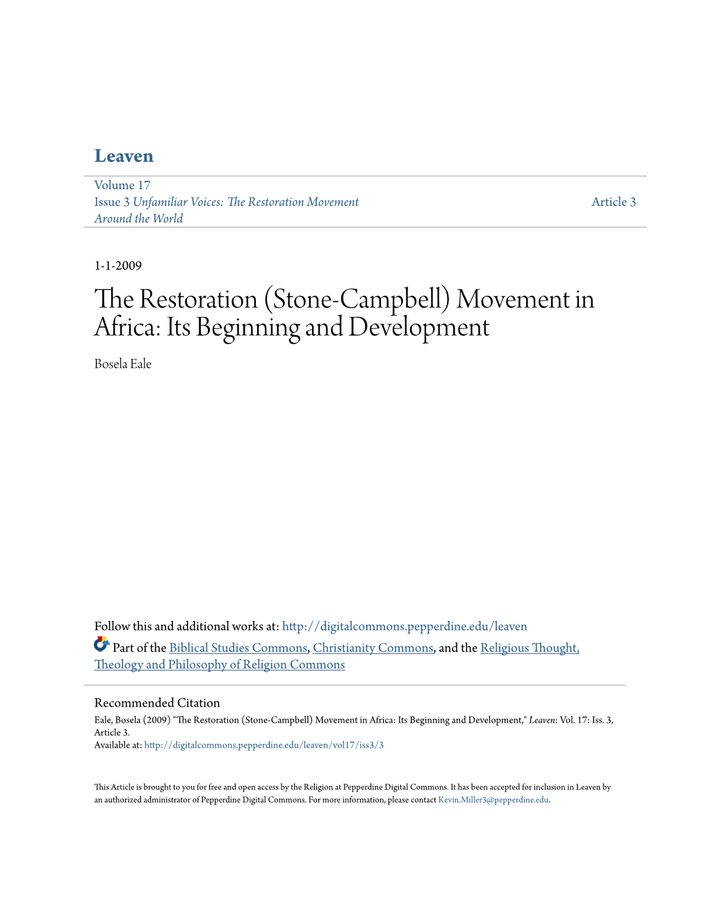 The Restoration (Stone-Campbell) Movement in Africa: Its Beginning and Development Bosela Eale