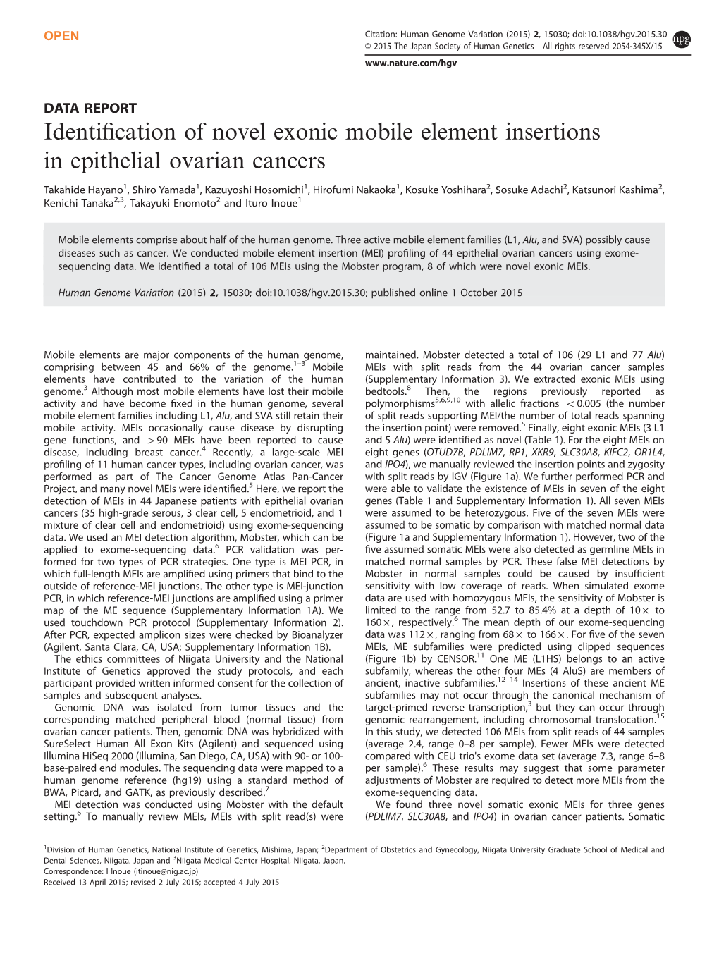 Identification of Novel Exonic Mobile Element Insertions in Epithelial Ovarian Cancers