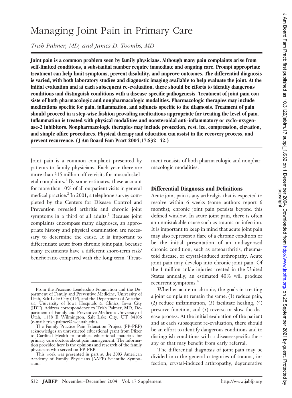 Managing Joint Pain in Primary Care