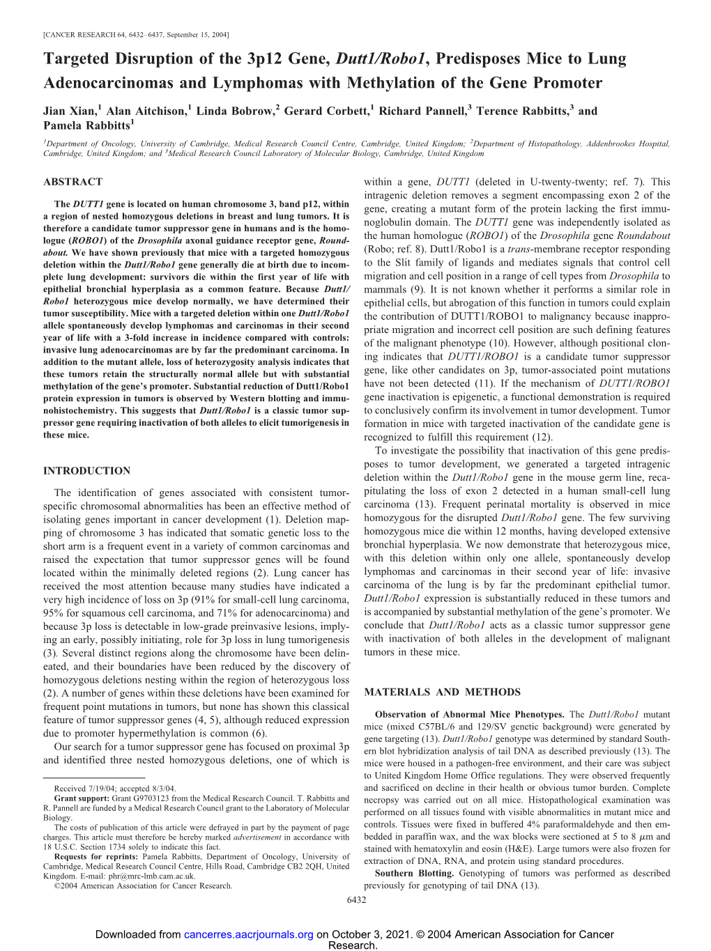 Targeted Disruption of the 3P12 Gene, Dutt1/Robo1, Predisposes Mice to Lung Adenocarcinomas and Lymphomas with Methylation of the Gene Promoter