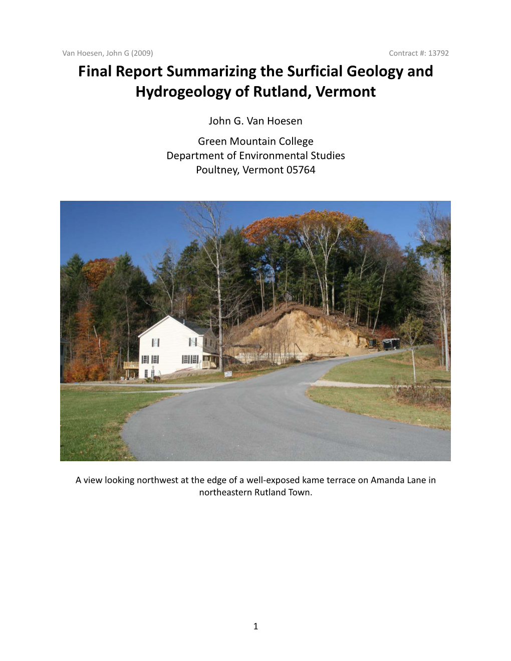 Final Report Summarizing the Surficial Geology and Hydrogeology of Rutland, Vermont