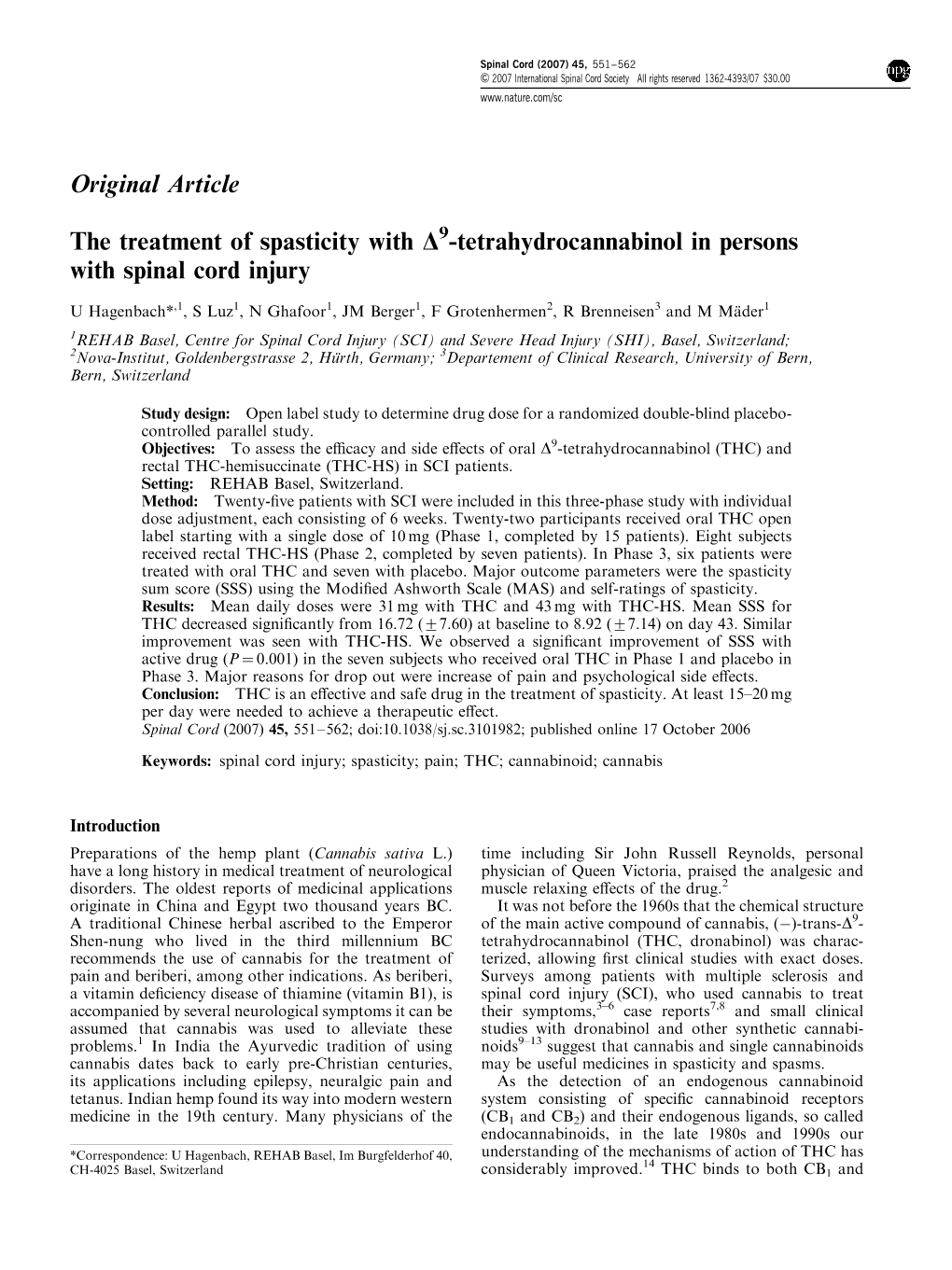 The Treatment of Spasticity with Δ 9-Tetrahydrocannabinol in Persons