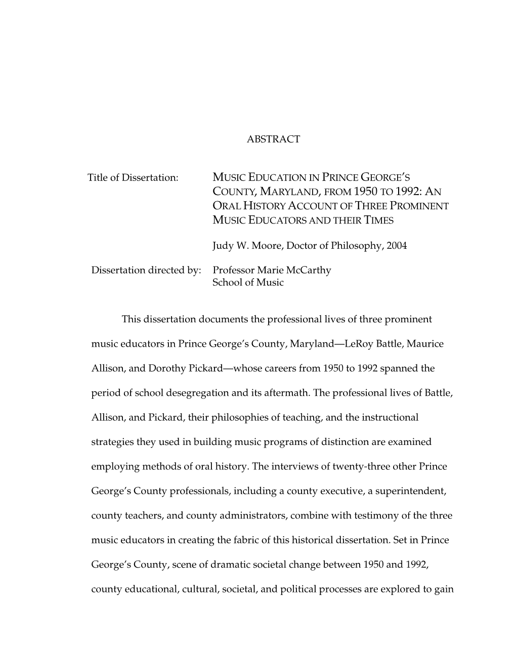 Judy W. Moore, Doctor of Philosophy, 2004 Dissertation Directed By