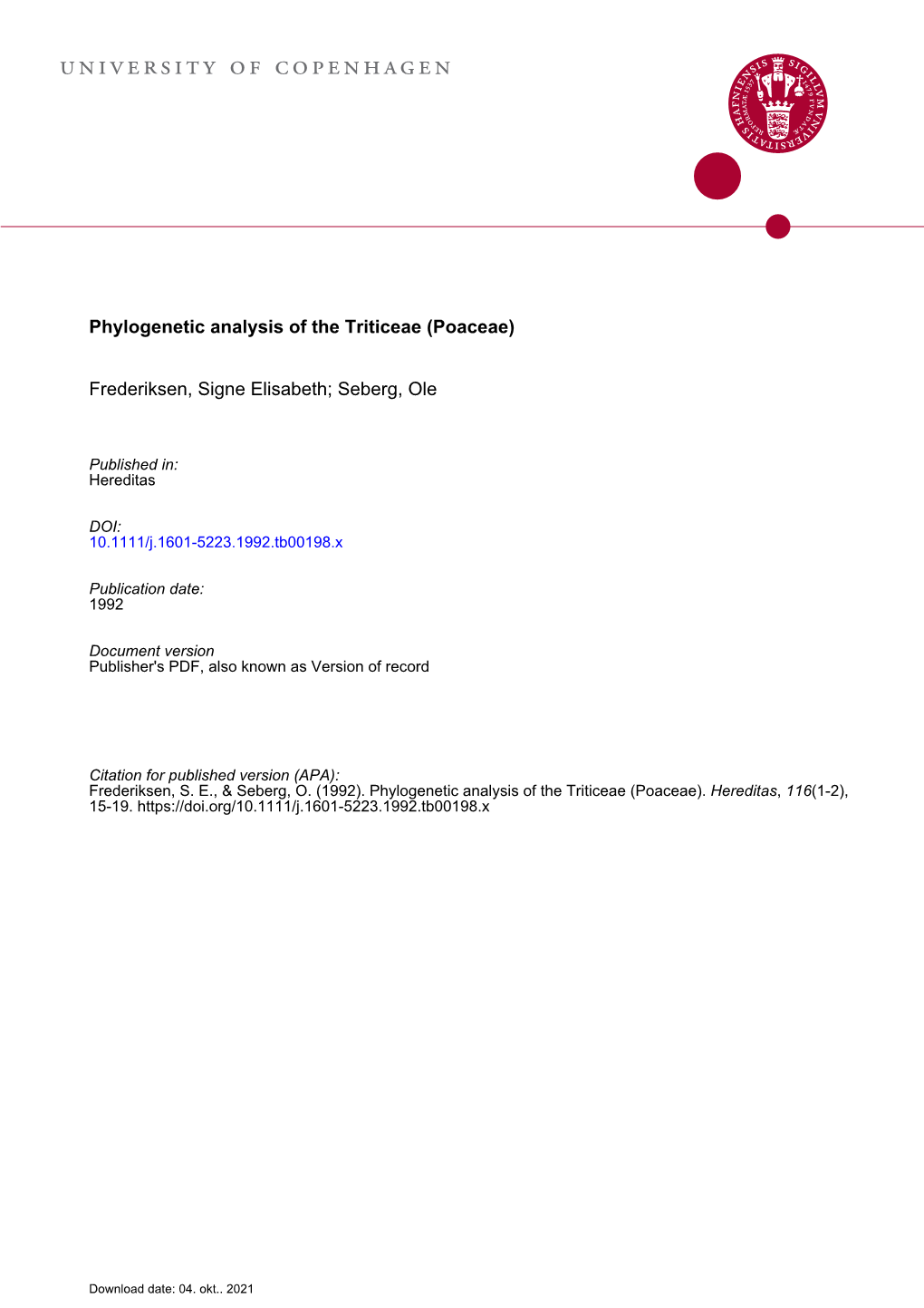 Phylogenetic Analysis of the Triticeae (Poaceae)