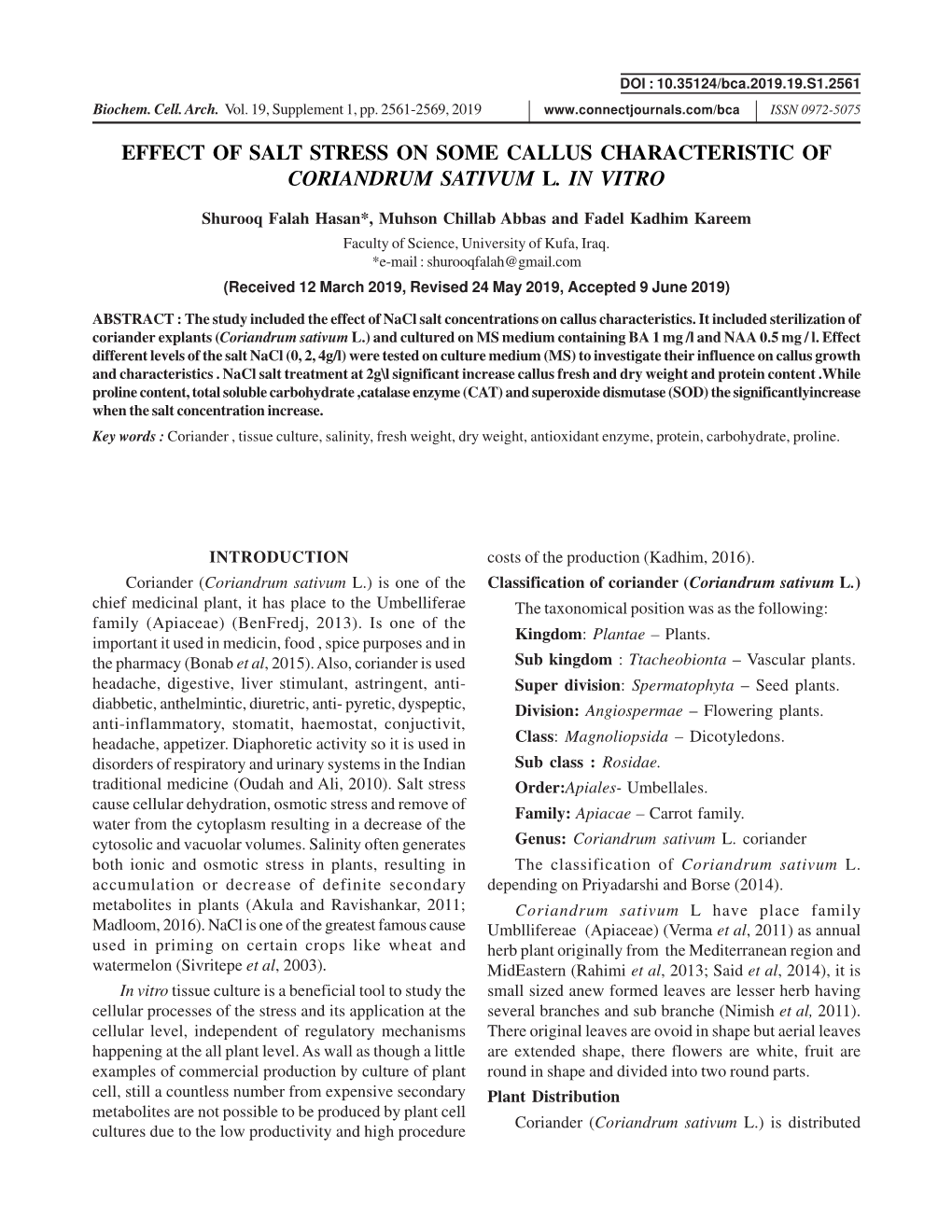 Effect of Salt Stress on Some Callus Characteristic of Coriandrum Sativum L. in Vitro