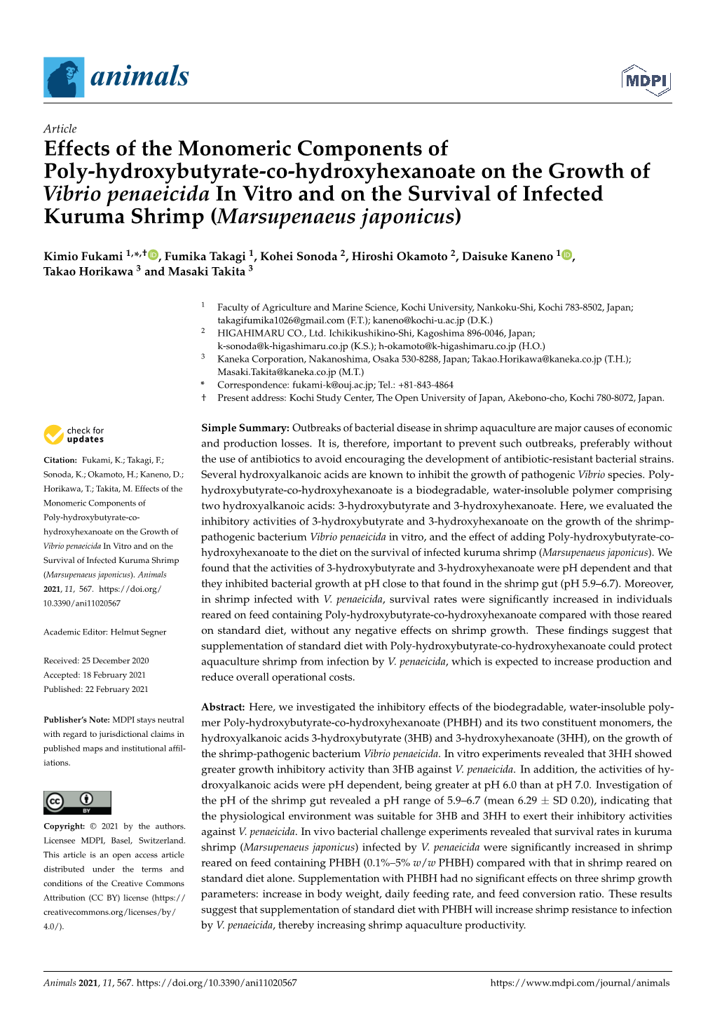 Effects of the Monomeric Components of Poly-Hydroxybutyrate-Co-Hydroxyhexanoate on the Growth of Vibrio Penaeicida in Vitro