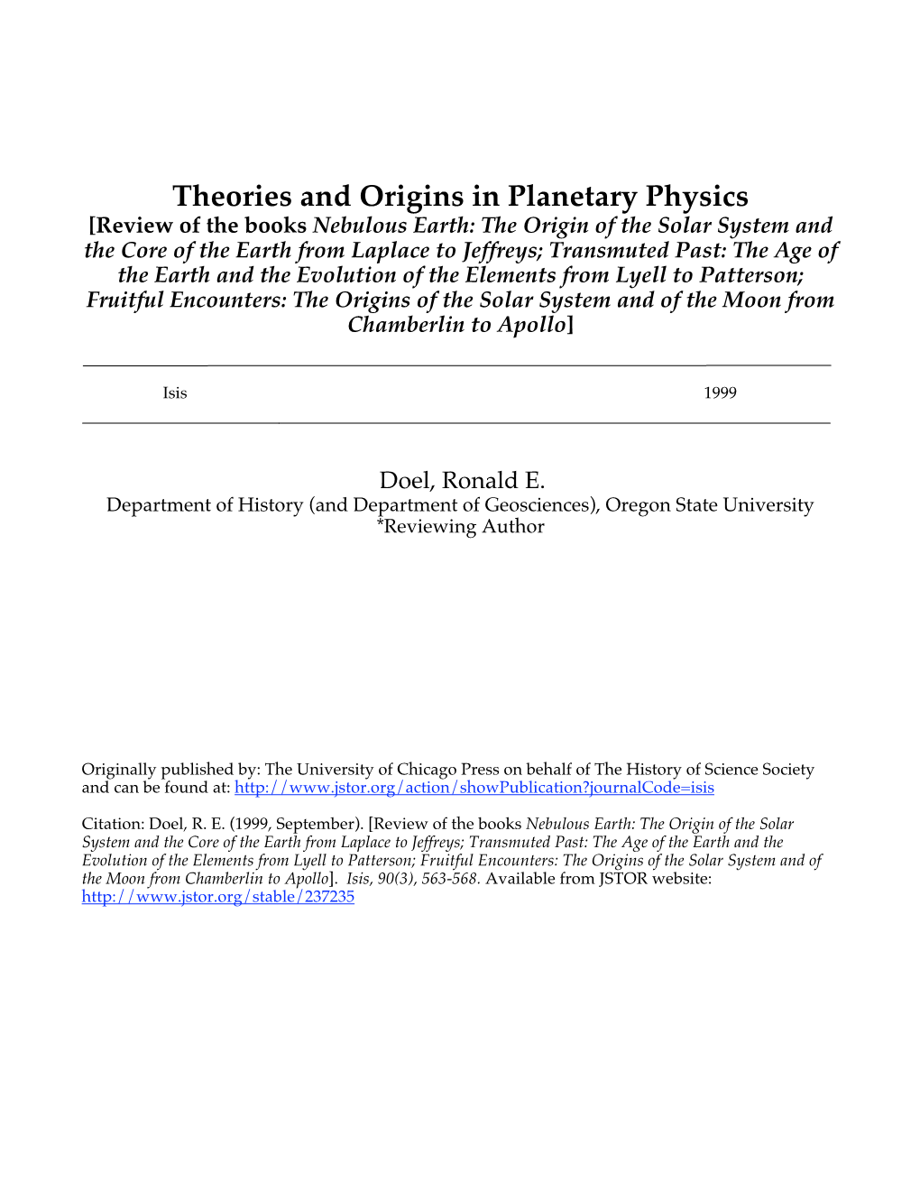 Theories and Origins in Planetary Physics<Product>