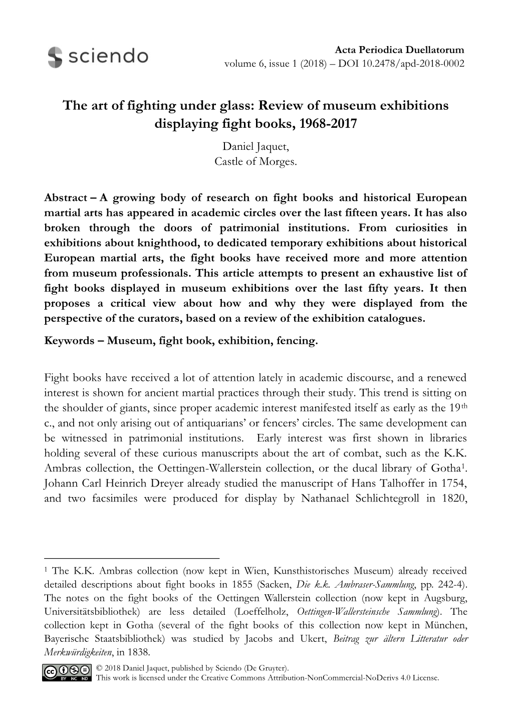 The Art of Fighting Under Glass: Review of Museum Exhibitions Displaying Fight Books, 1968-2017 Daniel Jaquet, Castle of Morges