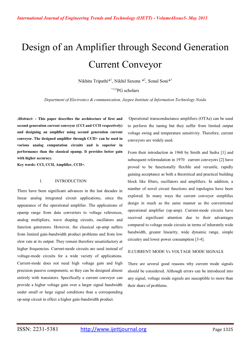 Design of an Amplifier Through Second Generation Current Conveyor