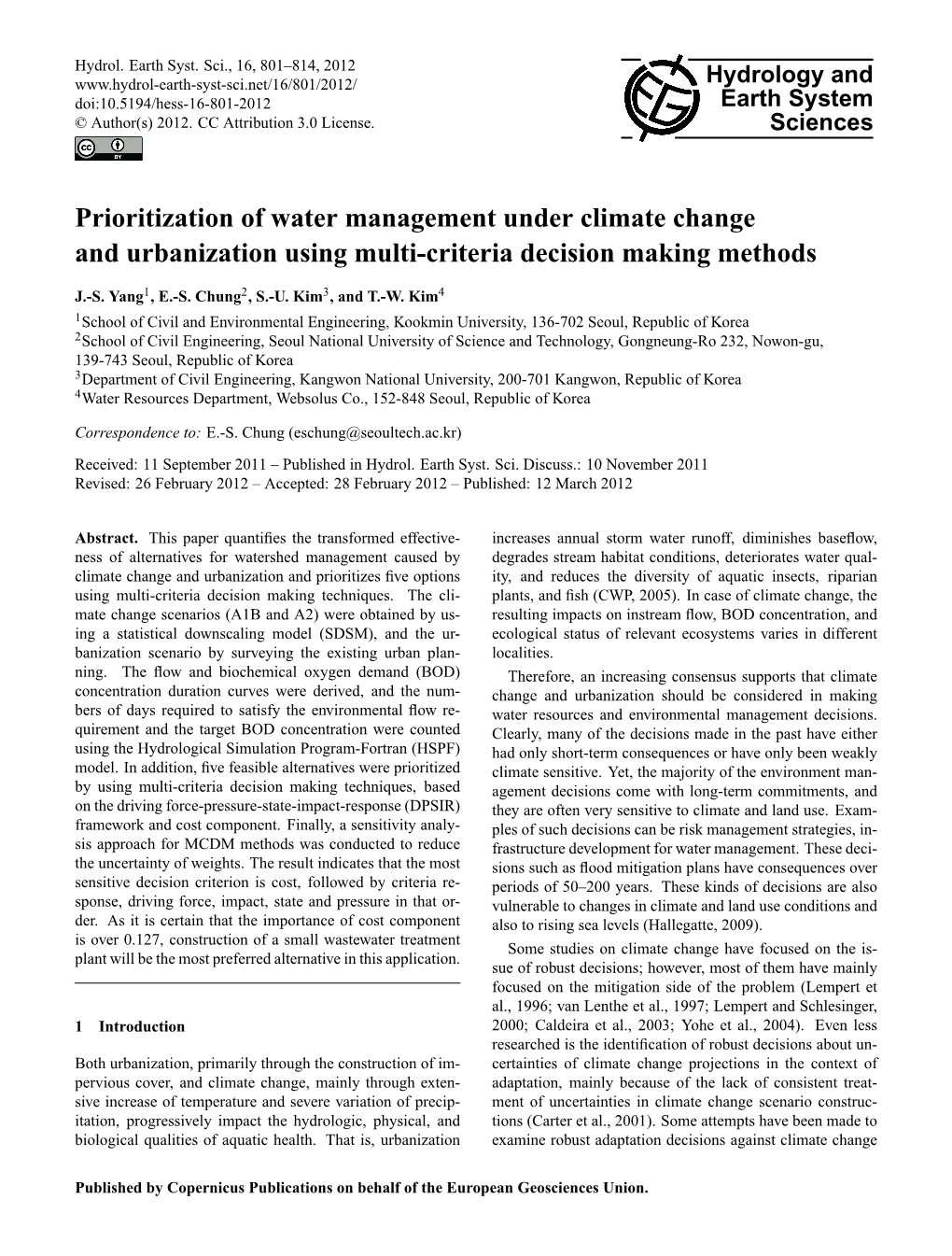 Prioritization of Water Management Under Climate Change and Urbanization Using Multi-Criteria Decision Making Methods