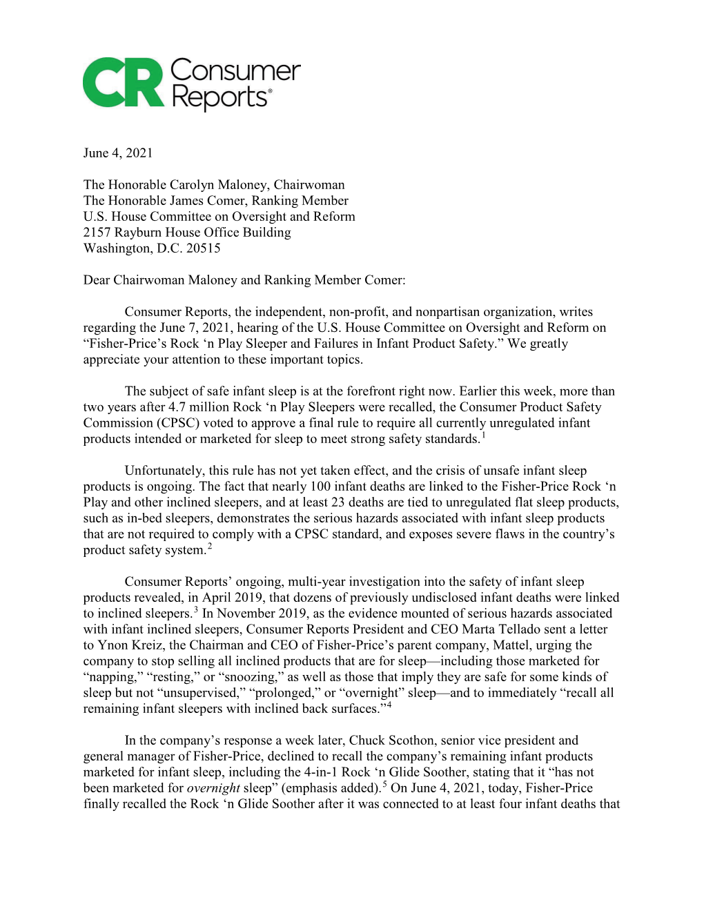 CR Letter to House Oversight Committee on Fisher-Price Product Safety Hearing 6-4-2021 616.0