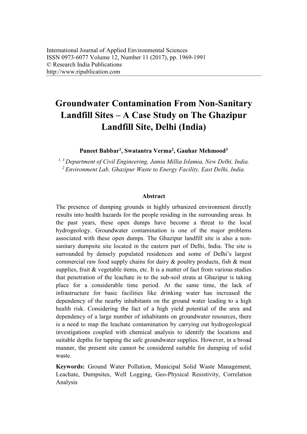 Groundwater Contamination from Non-Sanitary Landfill Sites – a Case Study on the Ghazipur Landfill Site, Delhi (India)