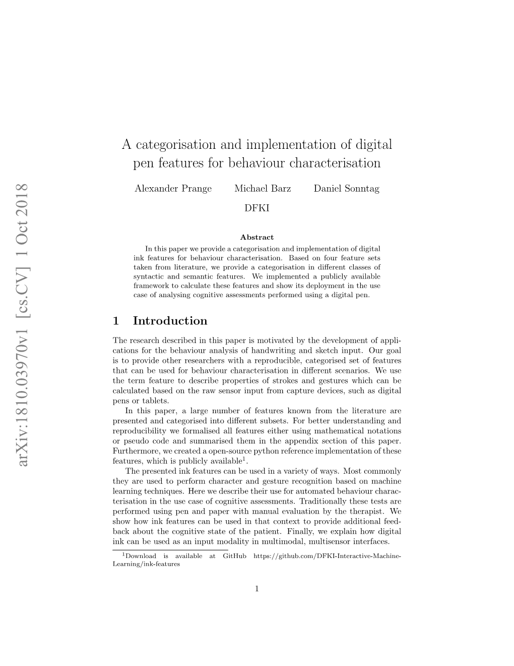 A Categorisation and Implementation of Digital Pen Features for Behaviour Characterisation