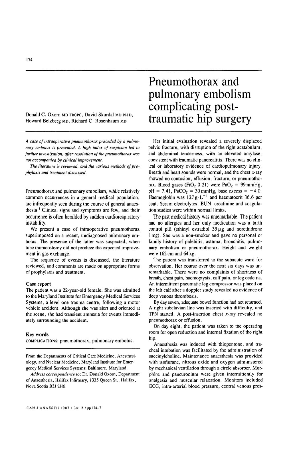 Pneumothorax and Pulmonary Embolism Complicating Post- Donald C