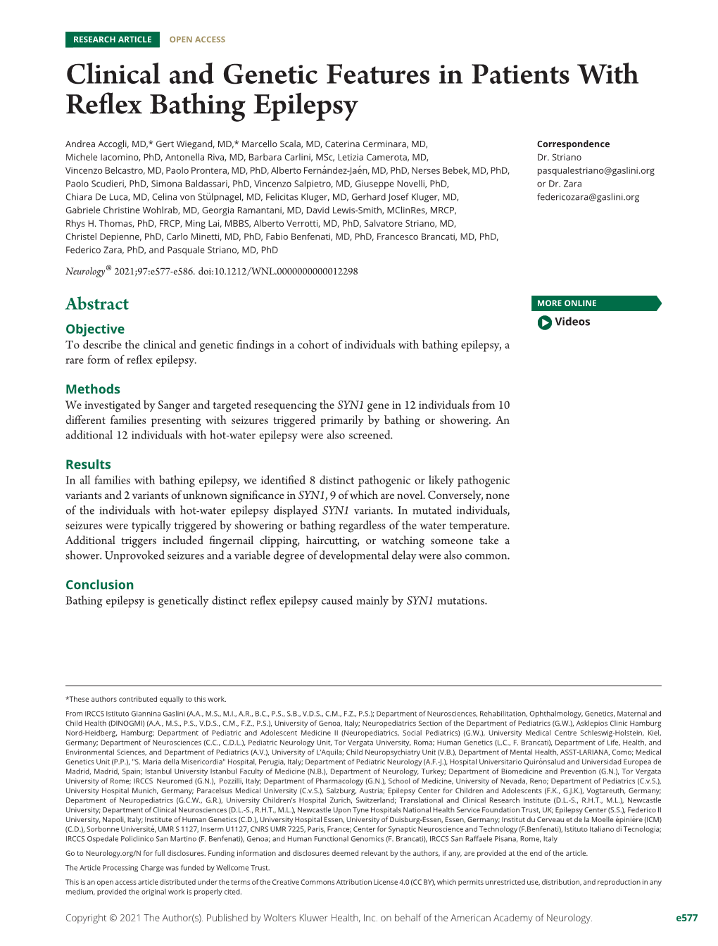 Clinical and Genetic Features in Patients with Reflex Bathing Epilepsy Andrea Accogli, Gert Wiegand, Marcello Scala, Et Al