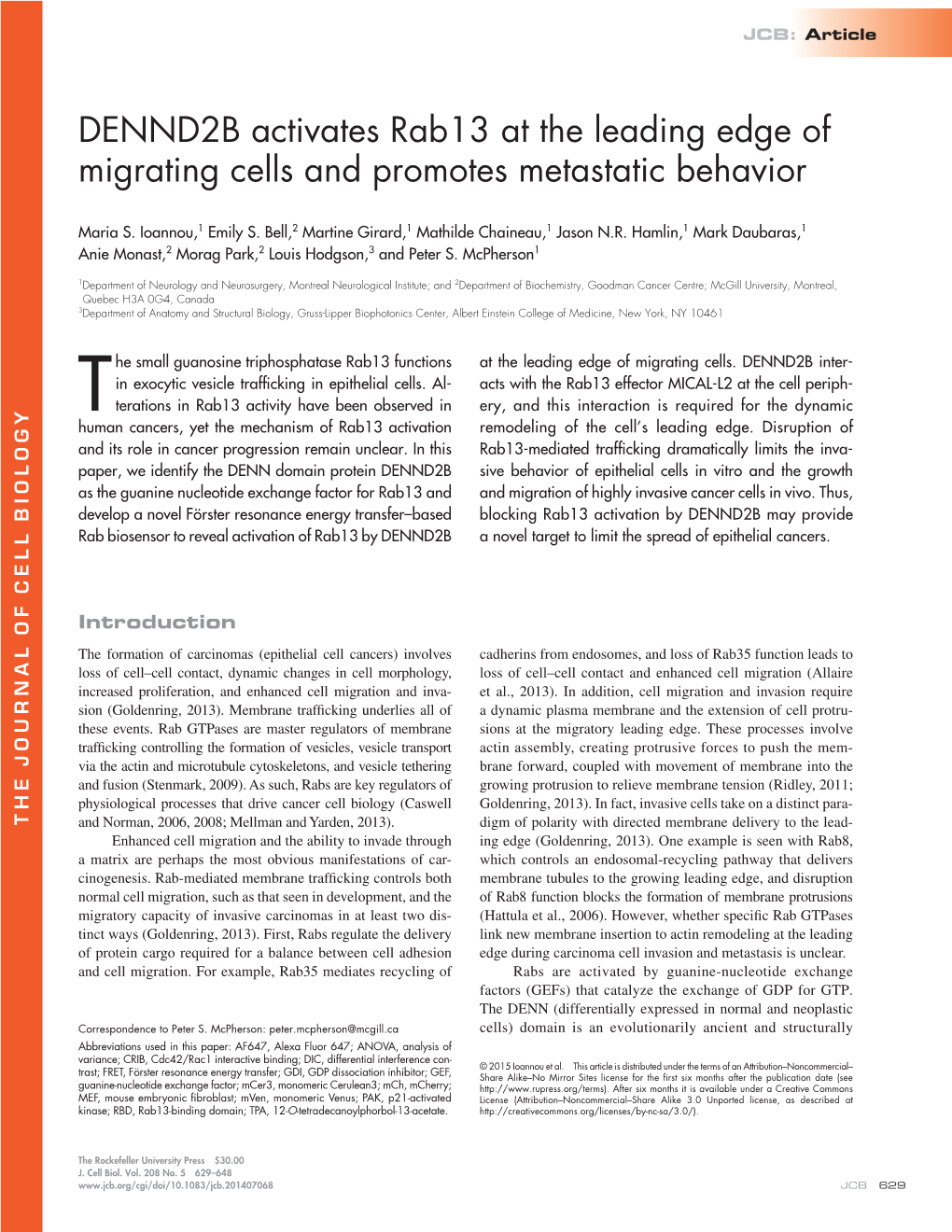 DENND2B Activates Rab13 at the Leading Edge of Migrating Cells and Promotes Metastatic Behavior